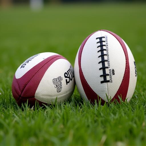 Garphictiúr de liathróid peile Ghaelach agus liathróid rugbaí taobh le taobh ar fhéar